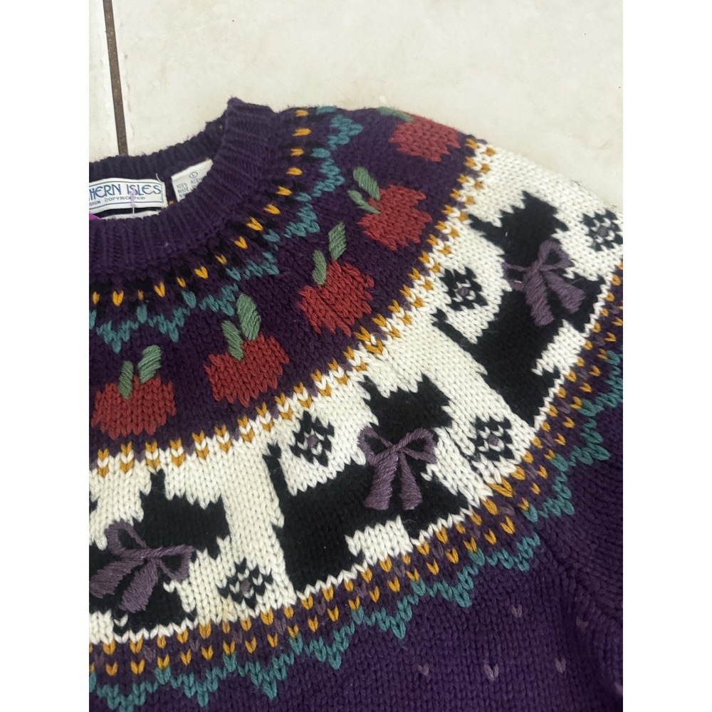 Vintage 90s Northern Isles Womens L Purple Scottie Dog Apple Fair Isle Sweater - Picture 2 of 16